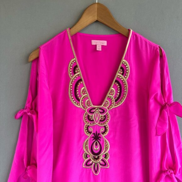 Lilly Pulitzer Avila Bright Pink Silk Gold Embellished Tie Sleeve Dress size M - Picture 4 of 9
